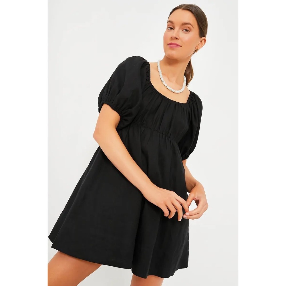 Tuckernuck Pomander Place Ares Linen Puff Sleeve Mini Dress in Black, Large, NWT